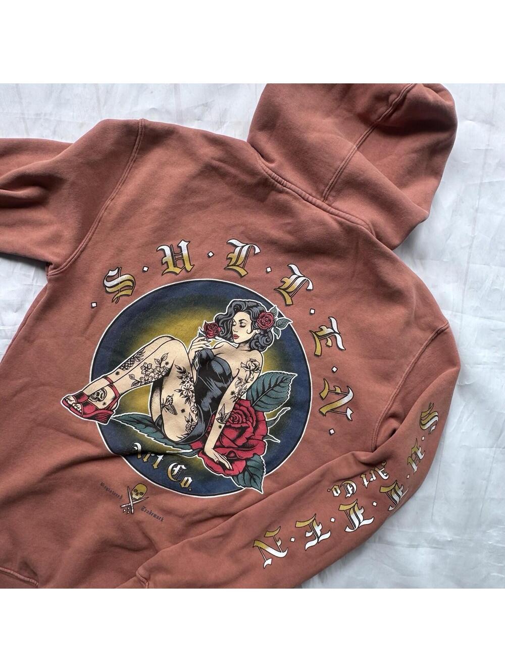 Sullen Art Collective Hoodie Small Rose Tattoo Graphic Pullover Sweatshirt Pink